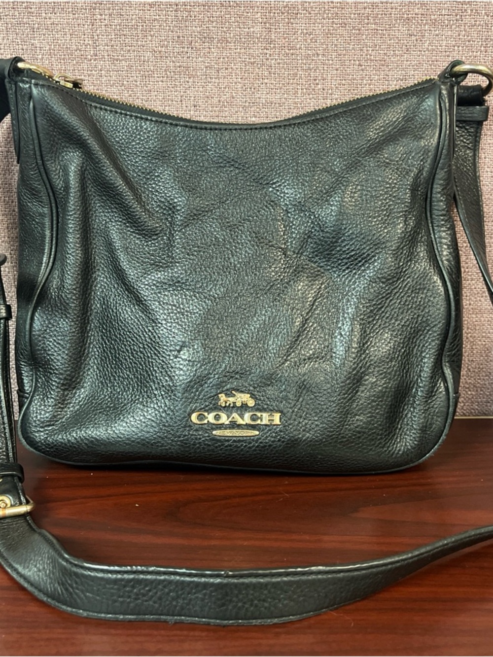 Coach Black Pebbled Leather Shoulder Bag with Gold Logo